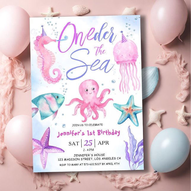 Invitation ONEder The Sea ! 1er anniversaire fille rose océan (Créateur téléchargé)