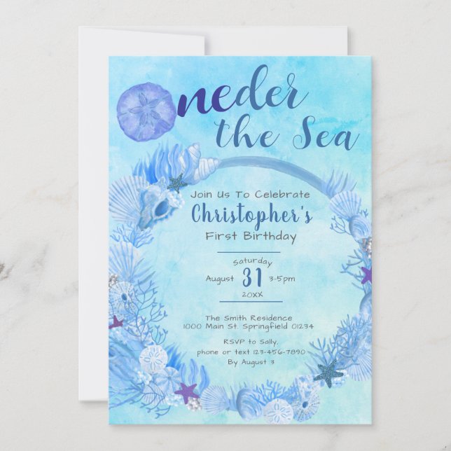Invitation OneDer the Sea Cute Blue Boy's 1st Birthday Party (Devant)