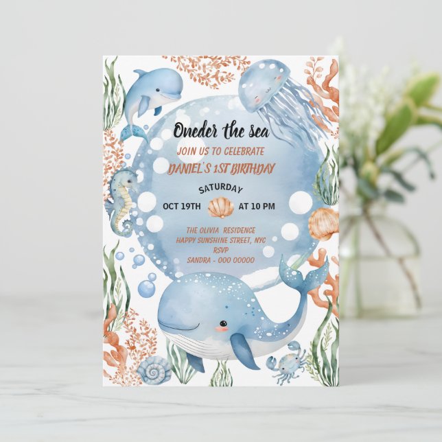 Invitation Oneder the Sea Mermaid Watercolor 1st Birthday (Debout devant)