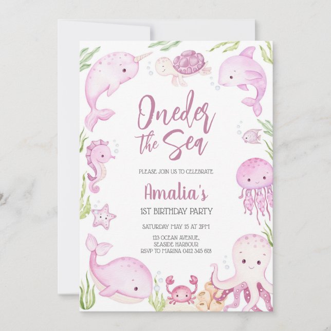 Invitation Oneder the Sea Ocean Animals 1st Birthday  (Devant)