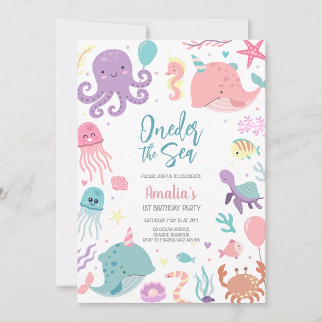 Invitation Oneder the Sea Ocean Animals 1st Birthday (Devant)