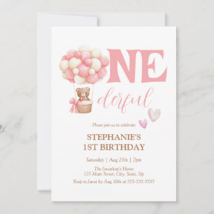 Invitation Onederder Bear Pink Hot Air Balloon 1er anniversai