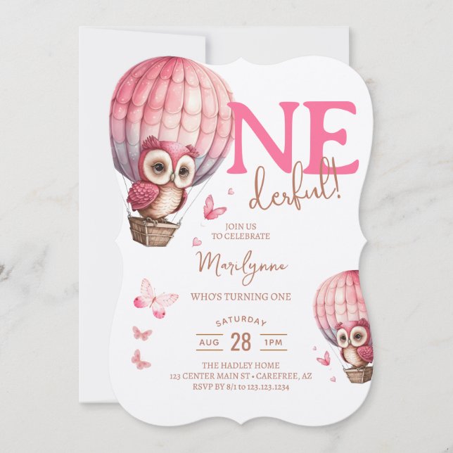 Invitation Onederder Pink Owl Hot Air Balloon 1er anniversair (Devant)