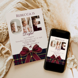 Invitation OneDerful Girl 1er anniversaire Photo Preppy Holid