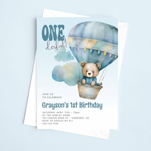 Invitation Onederful Montgolfière Bleue 1er Anniversaire (Créateur téléchargé)
