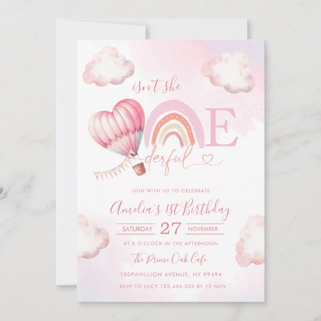 Invitation Onederful Montgolfière Rose Fille 1er Anniversaire (Devant)