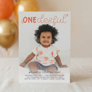Invitation Onederful Orange Minimal Photo Anniversaire