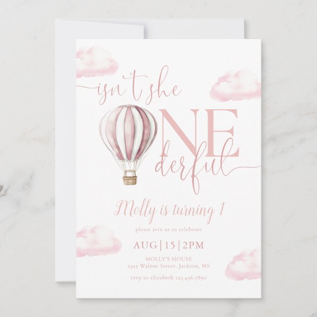 Invitation Onederful Pink Hot Air Balloon Girl 1er anniversai (Devant)