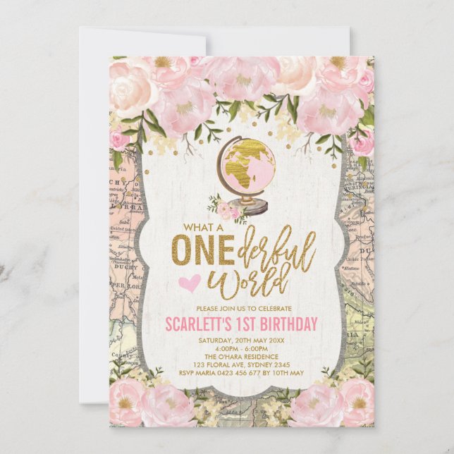 Invitation ONEderful World Adventure Map Filles 1er anniversa (Devant)