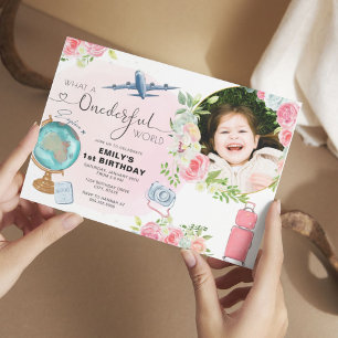 Invitation ONEderful World Photo Girls 1st Birthday Party