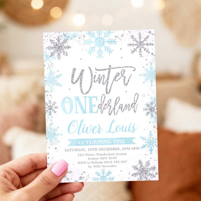 Invitation ONEderland d'hiver Argent Bleu 1er Anniversaire  (Créateur téléchargé)