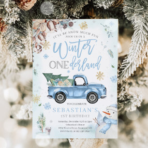 Invitation ONEderland d'hiver Camion de neige bleu de l'homme