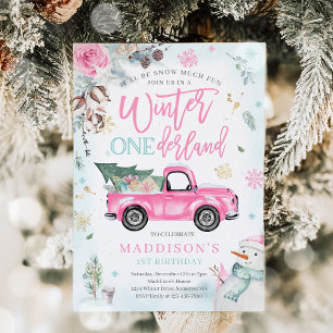 Invitation ONEderland d'hiver camion rose de l'hiver fête de 