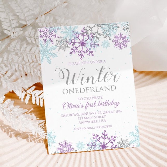 Invitation Onederland d'hiver flocon de neige violet et argen (Créateur téléchargé)