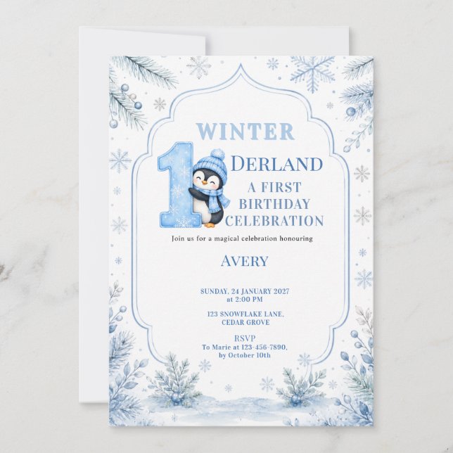 Invitation ONEderland Pingouin Neige Bleu Hiver 1e (Devant)