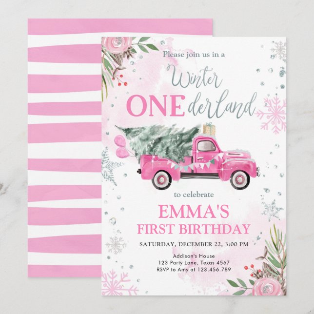 Invitation Onederland Pink Truck Girl Premier anniversaire (Devant / Derrière)