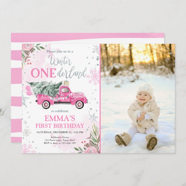 Invitation Onederland Pink Truck Girl Premier anniversaire (Devant / Derrière)