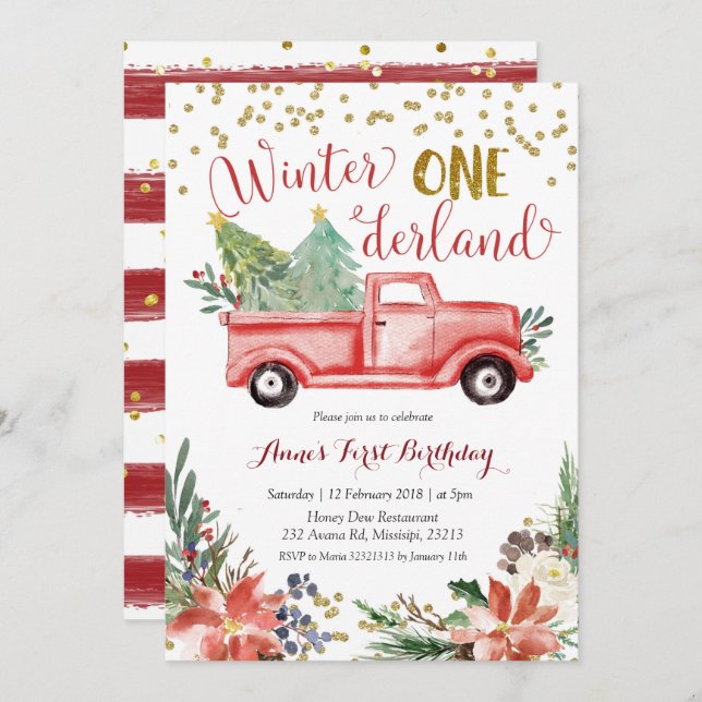 Invitation Onederland Red Christmas Truck Anniversaire (Devant / Derrière)