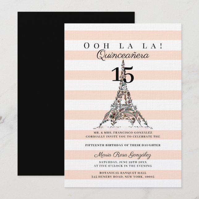 Invitation Ooh La Floral Tour Eiffel Paris Quinceañera (Devant / Derrière)