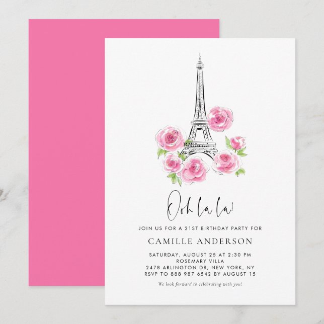 Invitation Ooh la la Eiffel Tour rose Floral fête d'anniversa (Devant / Derrière)