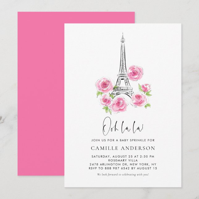 Invitation Ooh la la Eiffel Tower Rose Floral Baby Sprinky (Devant / Derrière)