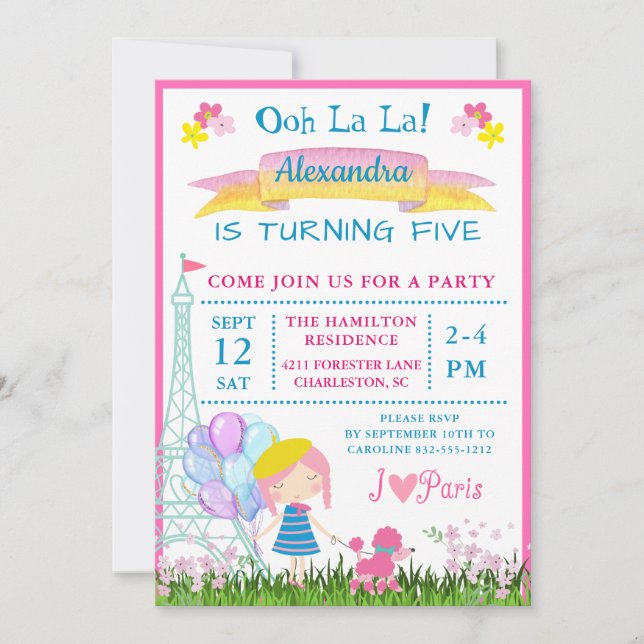Invitation Ooh La La ! French Girl & Pink Poodle anniversaire (Devant)