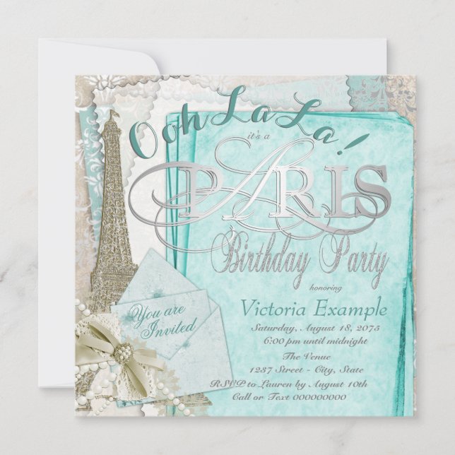 Invitation Ooh La La Téal Anniversaire Vintage Paris (Devant)