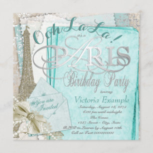 Invitation Ooh La La Téal Anniversaire Vintage Paris
