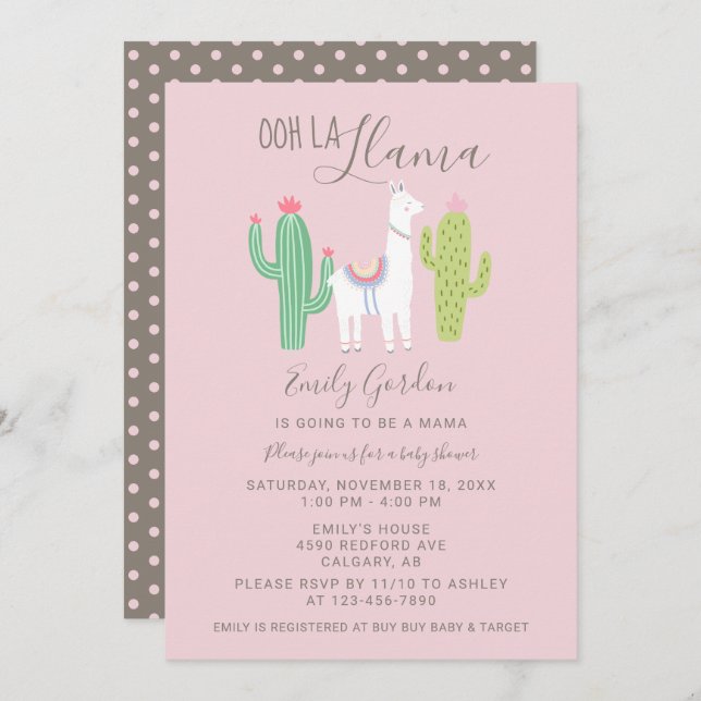 Invitation Ooh La Llama Baby shower mignon rose et brun simpl (Devant / Derrière)