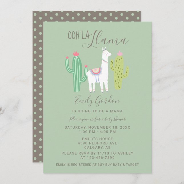 Invitation Ooh La Llama Baby shower mignon turquoise & brun s (Devant / Derrière)