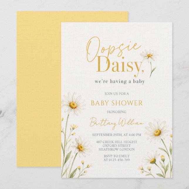 Invitation Oopsie Daisy Baby Shower Minimaliste  (Devant / Derrière)
