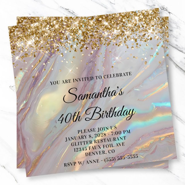 Invitation Opale Marbrée Or Pailleté 40e Anniversaire (Glittery Gold Marbled Opal 40th Birthday Invitation)