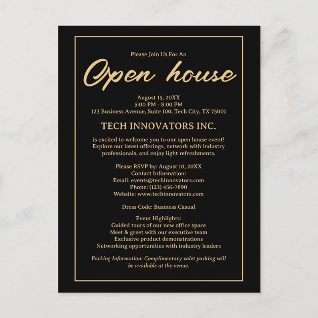 Invitation Open House Black & Gold Elegant (Devant)