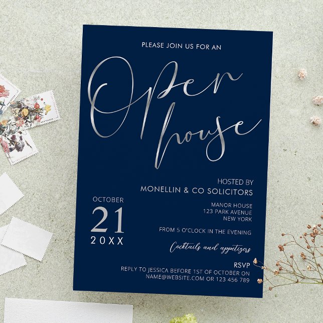 Invitation Open House de la marine Blue & Silver Elegant (Navy blue and faux silver company open house event invitations)