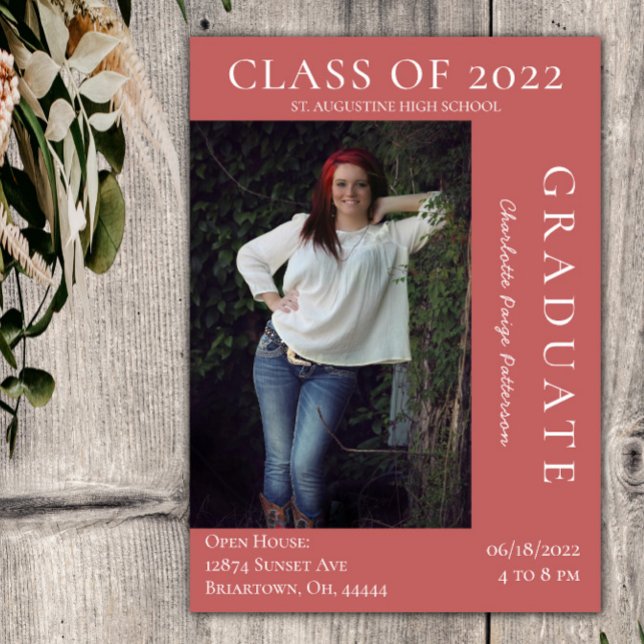 Invitation Open House - Graduation Photo Moderne | Corail (Coral Modern Photo Graduation Open House Invitation)