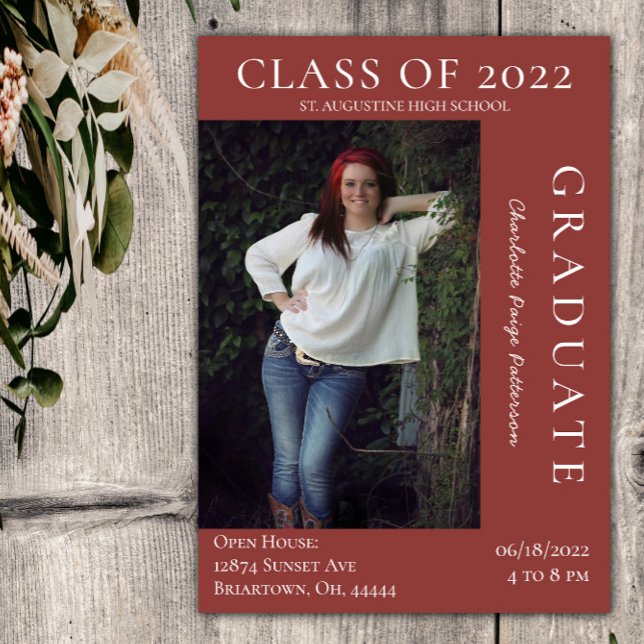 Invitation Open House - Graduation Photo Moderne | Rouge chau (Warm Red Modern Photo Graduation Open House Invitation)