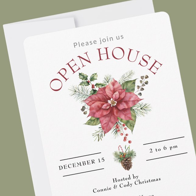 INVITATION OPEN HOUSE RED CHRISTMAS POINSETTIA (Holiday Open House Invitations)
