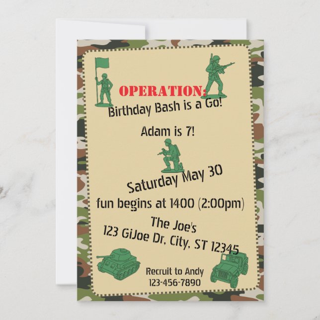 Invitation Opération Anniversaire Jouet Bash Jouet Soldat ann (Devant)