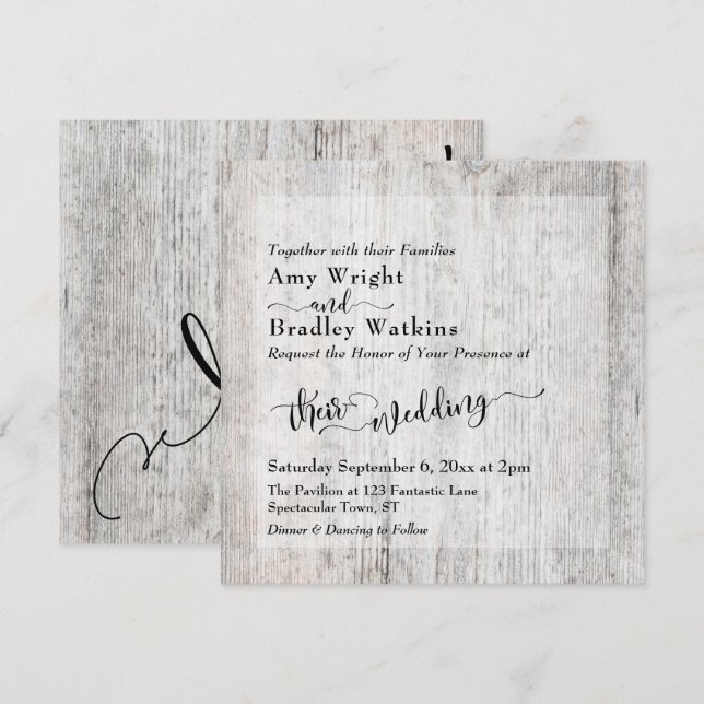 Invitation Option de mariage carré en bois gris rustique (Devant / Derrière)