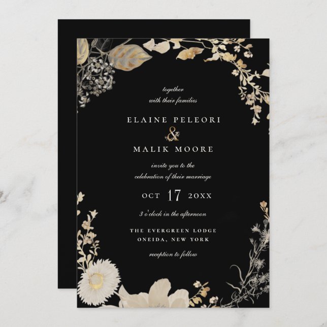 Invitation Opulente de mariage dans le jardin doré (Devant / Derrière)