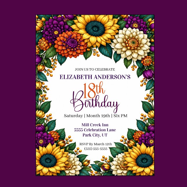 Invitation Opulente Fleur d'Automne pour 18 ans (Opulent Fall Flower 18th Birthday Invitation.)
