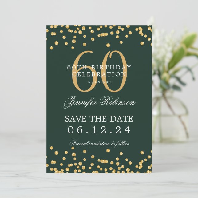 Invitation Or 60e anniversaire Enregistrer la date Confetti G (Debout devant)