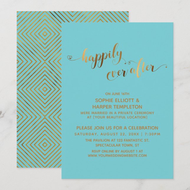 Invitation Or À Tout Jamais sur Turquoise avec Cœurs (Devant / Derrière)