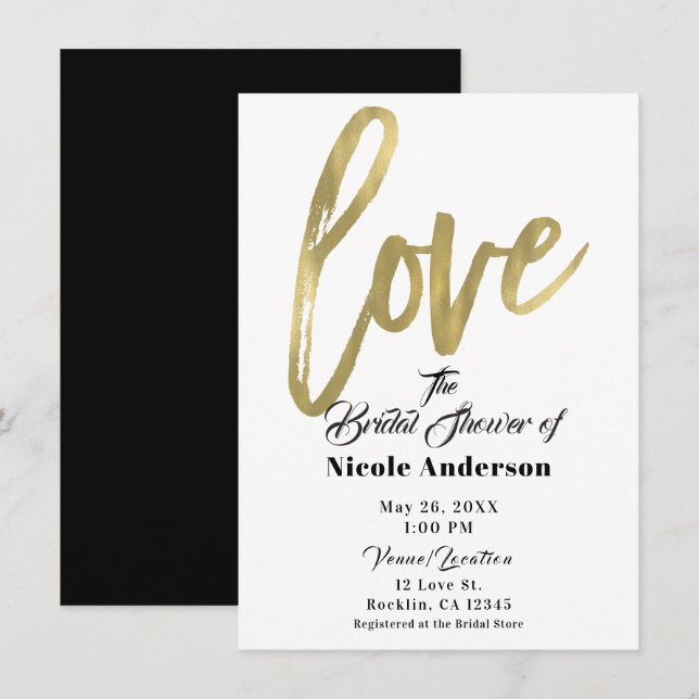 Invitation Or AMOUR Écriture Mariage Moderne Pinceau (Devant / Derrière)