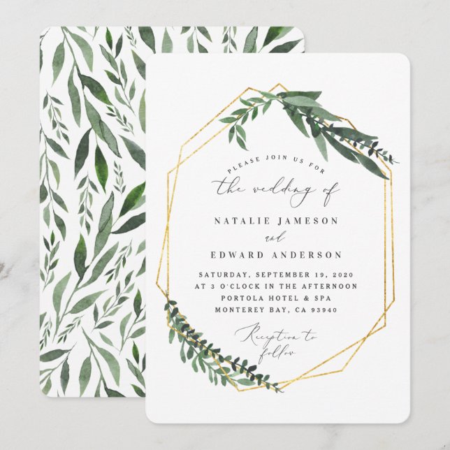Invitation or aquarelle géométrique verdure (Devant / Derrière)