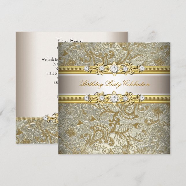 Invitation Or Argent Crème Aspect Gaufrage Élégant Fête (Devant / Derrière)