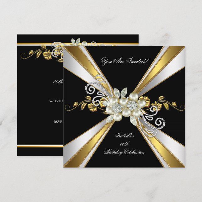 Invitation Or Argent Noir Blanc Diamant Perle Anniversaire 5 (Devant / Derrière)
