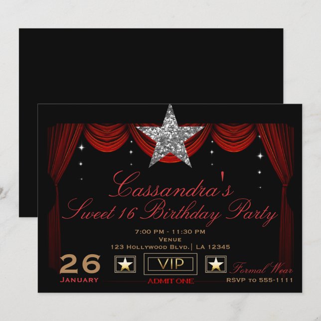 Invitation Or Argent Noir Rouge VIP Admettre une fête d'anniv (Devant / Derrière)