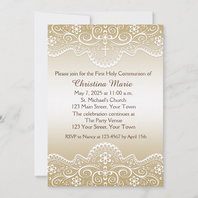 Invitation Or avec dentelle, croix, religieuse (Devant)