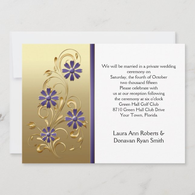 Invitation Or avec Fleurs Violettes Réception Uniquement (Devant)